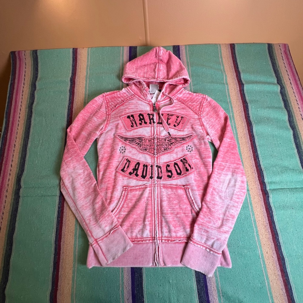 Harley-Davidson Hoodie Womens S Pink Acid Wash Zip Up Graphic Rhinestone Biker